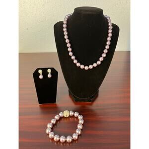 Lavender Faux Pearl Rhinestone Necklace Bracelet Earring Set Glam Bling Prom